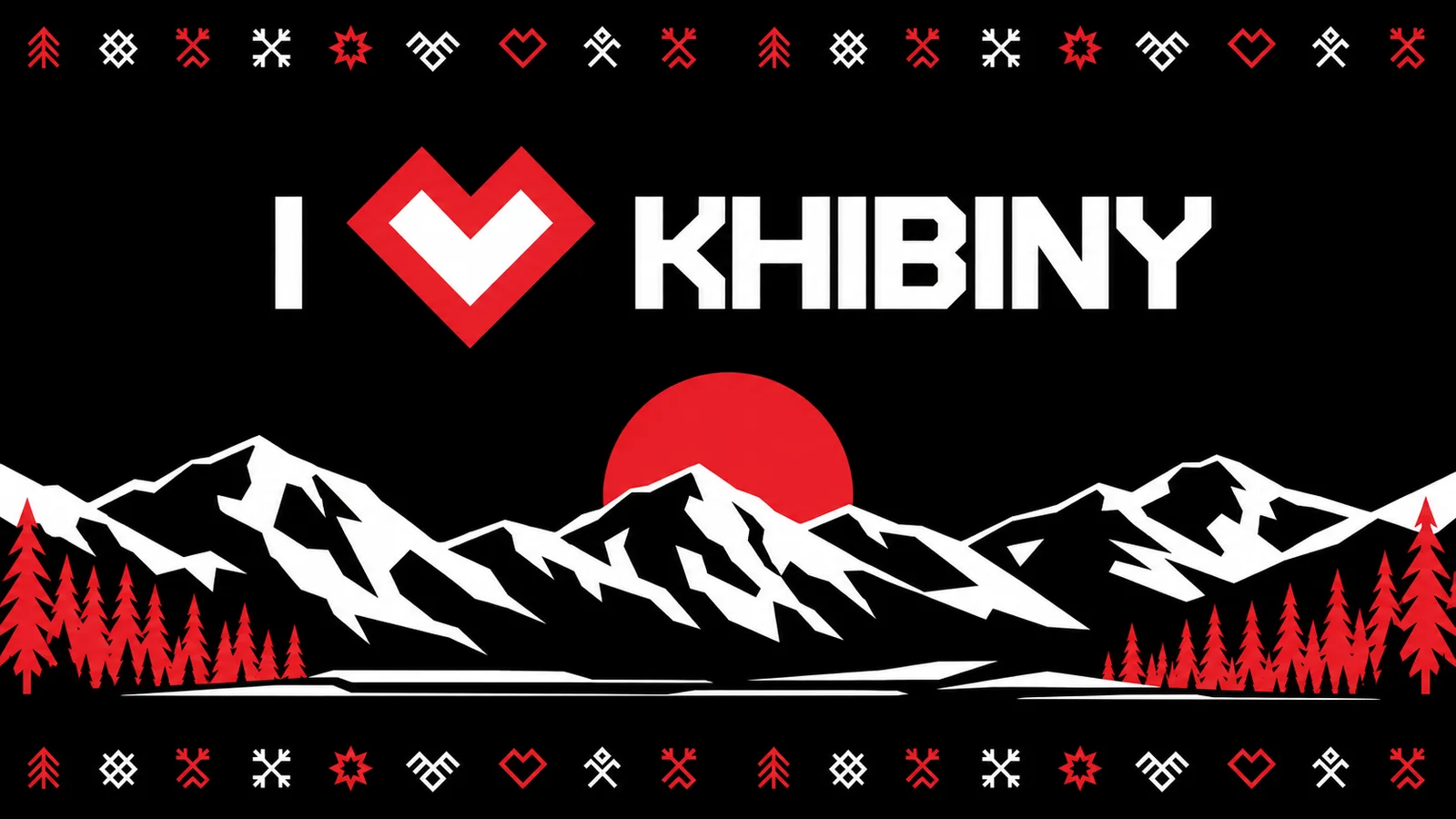Хибины: горы, красное солнце и северные знаки вокруг надписи I ♥ KHIBINY