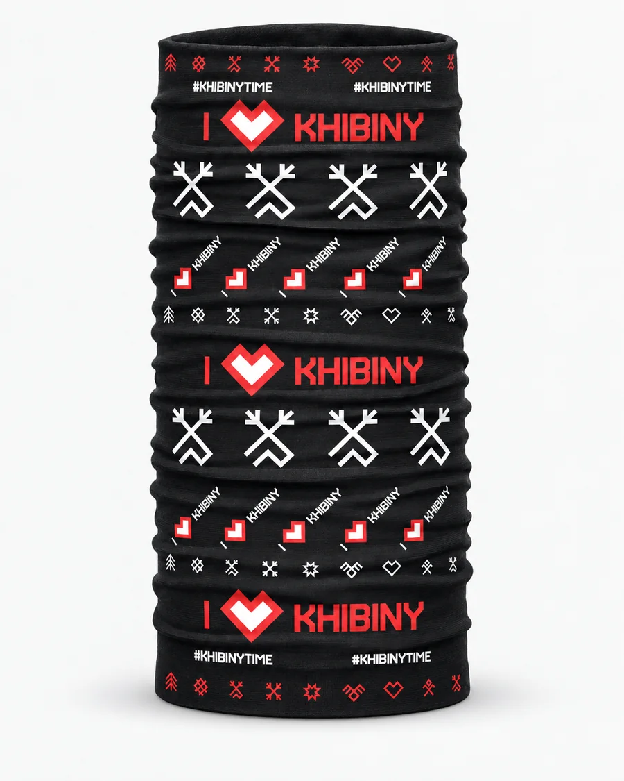 Бандана с принтом «Хибины» на чёрном фоне: красное I ♥ KHIBINY, белые северные знаки